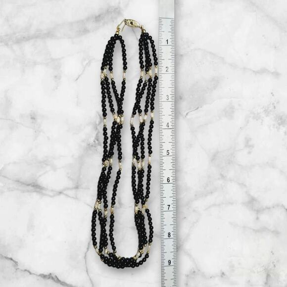 Vintage Black Round Beads, Rice Pearls and Gold Accents Multistrand Necklace - Picture 4 of 5